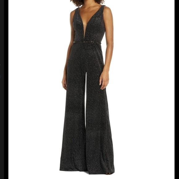 MAC DUGGAL Sleeveless V Neck Plunge Velvet Wide Leg Formal Jumpsuit Black Size 2 - Picture 2 of 12